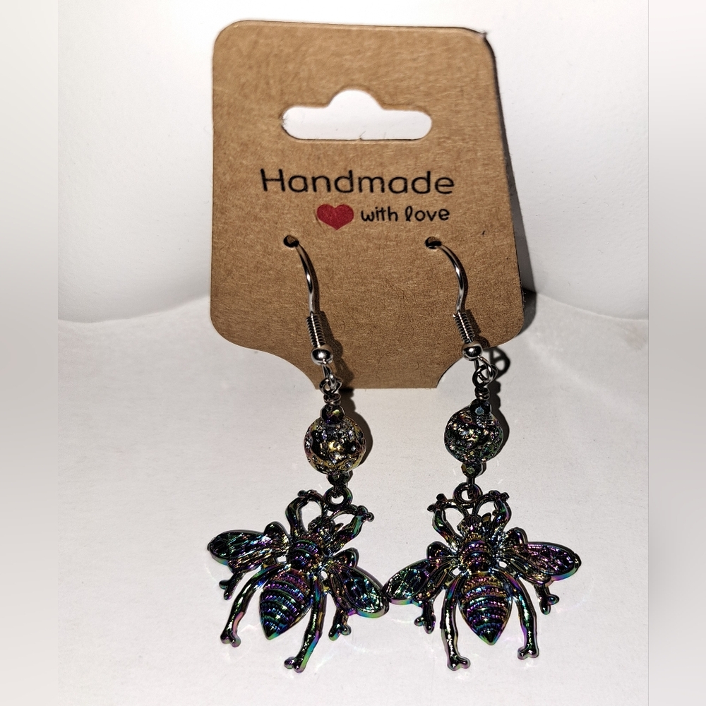 Rainbow Titanium Plated Lava Bead &  Charm Bee Dangle Earrings